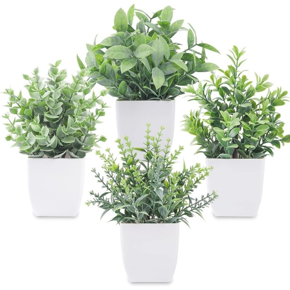 4 Pack Grey Fake Plants Mini Artificial Greenery Potted Plants for Home Decor